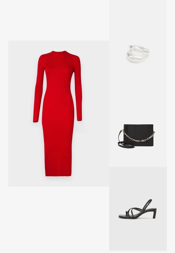 Vero Moda Tall VMWILLOW czerwony; Czarne sandały na obcasie z prostokątnym noskiem i niskim słupkowym obcasem. Posiadają wiele cienkich pasków i regulowany pasek na kostkę. Wykonane z gładkiej skóry.; Czarna skórzana torebka typu crossbody z gładką teksturą, prostokątnym kształtem oraz metalowym detalem w postaci łańcuszka z przodu. W zestawie regulowany pasek.; Srebrna obrączka podwójna z gładką, polerowaną powierzchnią. Posiada płynny, zakrzywiony kształt z nakładającymi się sekcjami, co nadaje nowoczesny wygląd.