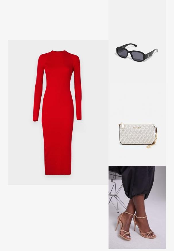 Vero Moda Tall VMWILLOW DRESS - Rochie tricotată - salsa; Sandale cu toc bej, decorate cu cristale, având vârf deschis, bretele subțiri și un siluetă elegantă.; Ochelari de soare negri cu un cadru octagonal, lentile întunecate, material plastic lucios și un accent cu logo argintiu pe o parte.; Clutch Michael Kors din canva acoperit bej, cu un model repetitiv al logo-ului MK, accesorii din aur și o curea cu lanț detașabil.; Cercei metalici aurii cu un design ondulat; suprafață netedă și reflectorizantă; formă asimetrică; fără modele sau accesorii vizibile.