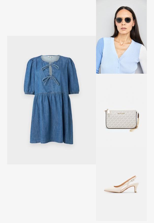 Denims kleita ar apaļu kakla izgriezumu, īsām pūkainām piedurknēm un divām priekšu lentēm. Tai ir savākta josta un izplešas svārki. Klasiska zilā krāsa.; Baltas siksniņveida papēdis ar smailu purngalu, gludu augšējo materiālu, zemu blokpapēdi un sānu izgriezumu dizainu ar regulējamu sprādzi.; Apaļas saulesbrilles ar tumšiem objektīviem un zeltītām rāmēm. Modelis valkā gaiši zilu, ribotu kardigānu ar pogām un kontrastējošām baltām piedurknēm.; Michaela Korsa rokassomi bez̦ā īšojuma, kas izgatavota no apklāta kanvas, iekļaujot atkārtotu MK logotipa rakstu, zelta aparatūru un noņemamu ķēdes siksnu.