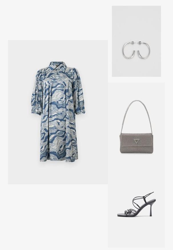 Zila kokvilnas kleita ar apkakli, puffa piedurknēm un baltu abstraktu ziedu rakstu. Brīvs griezums un līdz ceļiem garums.; Melnas augstpapēžu sandales ar plāniem siksniņām un mezgla dizainu, gluda kvadrātveida purngalu un elegantu stiletto papēdi.; Gaiši pelēka metāla rokassoma ar ķēdes siksnu, rotāta ar mazām apaļām metāla kniedēm un trīsstūra zīmola logo.; Sudraba riņķveida auskari ar gludu, spīdīgu apdari. Apaļas formas, viegla dizaina, ar aizdari uz stieples.