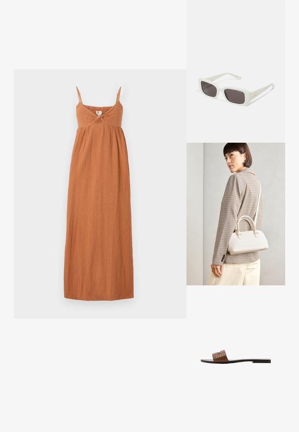 Maxi-jurk in roestoranje, gemaakt van textuurstof. Beschikt over dunne bandjes, een twistdetail bij de buste en een losse, vloeiende silhouette.; Bruine leren slip-on sandalen met een platte zool, voorzien van een brede band en witte geometrische accenten voor een minimalistisch ontwerp.; VOGUE Eyewear Zonnebril - full ivory/black smoke; Witte gestructureerde handtas met korte handvatten en een schouderband, voorzien van gouden hardwareaccenten en een textuurmateriaal, tentoongesteld tegen een grijze achtergrond.; Gouden metalen oorbel met een slank, gebogen ontwerp. Beschikt over een kenmerkende puntige vorm, gepolijste oppervlakte en scharnier sluiting.