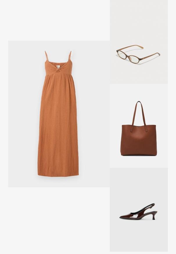 Maxi kleita dedzinātā oranžā krāsā, izgatavota no teksturēta auduma. Īpašības ietver plānus siksniņas, vērpjot detalizāciju pie krūtīm un brīvu, plūstošu siluetu.; Brūnas patentētas ādas sprauga kurpes ar norādītu pirkstu un mērenu papēdi. Aprīkotas ar sprādzi, lai nodrošinātu drošu fit. Gluda tekstūra.; Brūnas bruņurupuču čuguna brilles ar ovālām lēcām, plānām kājām un caurspīdīgām akcentiem. Uz tempļa ir smalka logo. Sleek, viegla konstrukcija.; Brūna ādas iepirkumu soma ar gludu tekstūru, atvērta augšdaļa un divas plecu siksnas. Izceļas ar minimālām šuvēm un redzamu aparatūru nav.