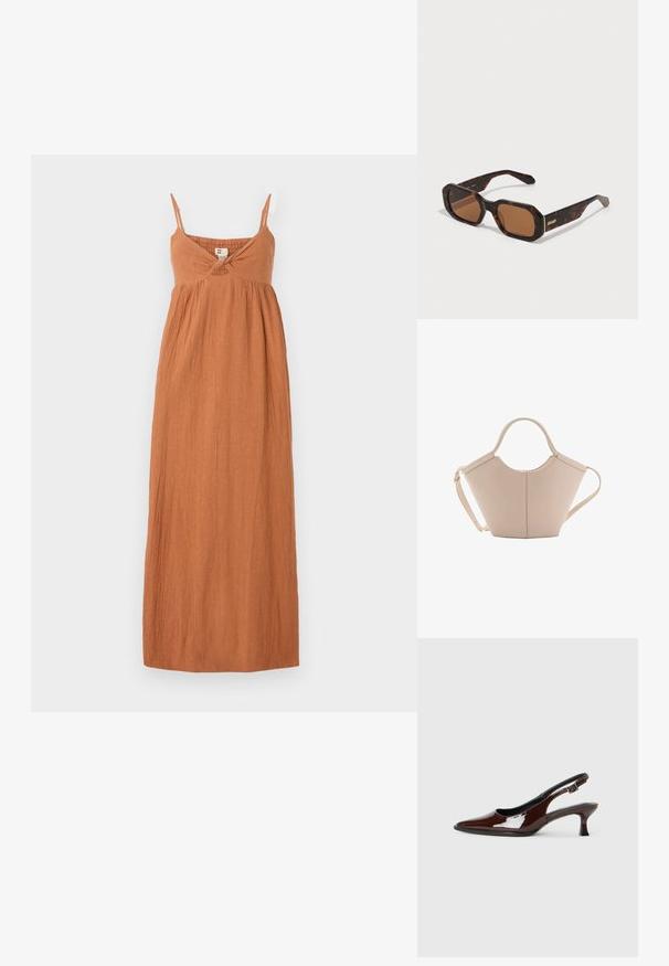 Maxi obleka v ožgano oranžni barvi, izdelana iz teksturiranega materiala. Ima tanke naramnice, zasukano podrobnost pri prsih in ohlapen, padajoč silhuet.; Rjavi lakirani slingback čevelj z ostro konico in zmerno peto. Ima zaponko za varno prileganje. Gladka tekstura.; Sonce očala iz marmorja s šesterokotnim okvirjem, rjavimi lečami in zlatim logotipom 'QUAY' na ročaju. Gladka tekstura, robustna zasnova.; Bežna usnjena torbica edinstvene oblike, z dvema kratkima ročajema in dolgim nastavljivim trakom. Gladka tekstura z minimalno kovinsko opremo.