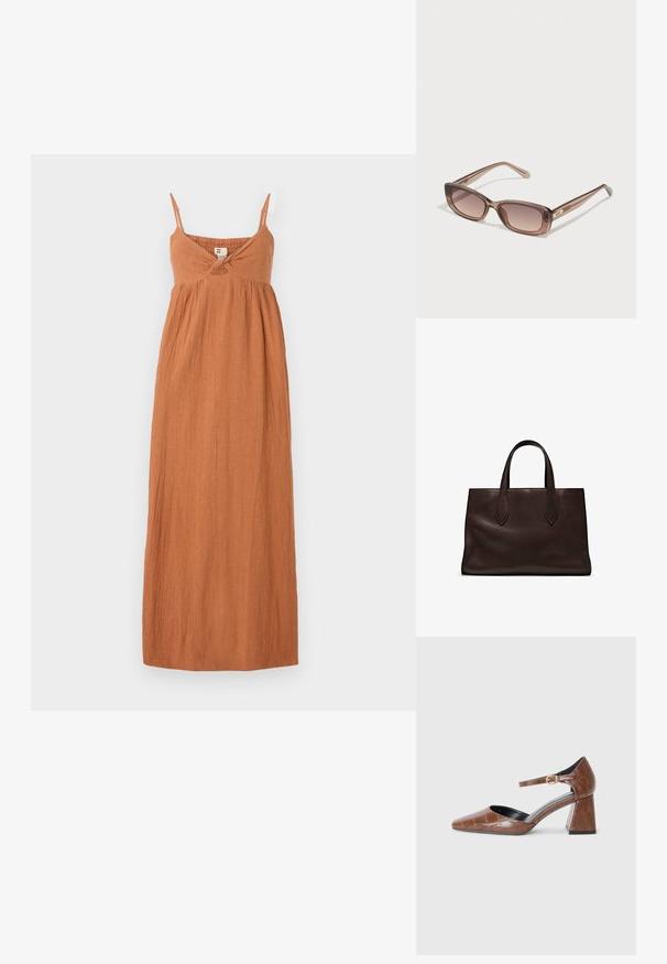 Maxi-kjole i brændt orange, lavet af tekstureret stof. Har tynde stropper, et twist-detalje ved brystet og en løs, flydende silhuet.; Brune patenteret læderpumps med firkantet tå, struktureret krokodillemønster, ankelrem med guldbuckle og en chunky hæl.; Brune gradient solbriller med rektangulære glas og slanke stel. Har en skinnende finish med diskret branding på siden.; Brun læder tote bag med to forlængede håndtag, struktureret rektangulær form, glat overflade og subtile syninger.