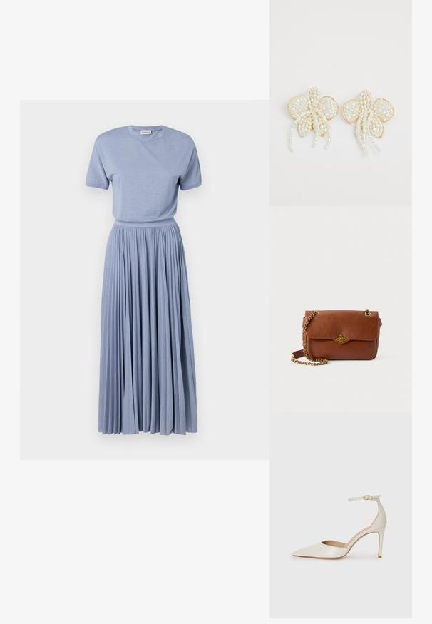 Marella SEMELE - Maxi ruha - azzurro polvere; Fehér bőr, magassarkú cipő hegyes orral, bokapánttal és vékony tűs sarkal. Simaszövet, finom fényes felülettel.; Barna bőr keresztpántos táska hajtószorítással, arany színű fémrészekkel és lánc pánttal. Simább textúra, téglalap alakú, minimális díszítéssel.; Gyöngyvirág fülbevalók arany díszítéssel. Minden szirmon apró, kerek gyöngyök találhatók, amelyek virágos mintát alkotnak, és gyöngyös részletekkel vannak díszítve.