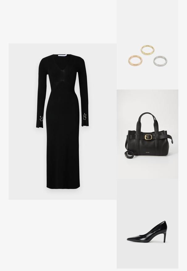 Fekete bordázott kötött ruha V-kivágással, hosszú ujjakra és oldalsó hasítékokra kialakítva, ezüst színű kiegészítőkkel a mandzsettákon. Testhez simuló fazon.; Fekete bőr magassarkú cipő, hegyes orral, sima textúrával és kúpos sarkal. Minimalista dizájn, nincsenek további díszítések.; Fekete bőr kézitáska, amely strukturált kialakítással rendelkezik, dupla felső fogantyúval, arany tónusú csattal és a márka dombornyomott logójával az elején.; Három fémgyűrű: az egyik rose gold, a másik texturált akcentusokkal ellátott arany, a harmadik pedig ezüst, mindegyiken gravírozott márkajelzés található a belső sávon.