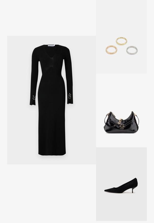 Fekete bordázott kötött ruha V-kivágással, hosszú ujjakra és oldalsó hasítékokra kialakítva, ezüst színű kiegészítőkkel a mandzsettákon. Testhez simuló fazon.; Fekete velúr magassarkú cipő hegyes orral és vékony, alacsony sarokkal. Simább textúrájú, letisztult dizájn, amelyen nincsenek látható fém alkatrészek.; Fekete lakkbőr táska íves kialakítással, aranyszínű fémrészletekkel és egy hangsúlyos logóval. Tartalmaz egy levehető vállpántot.; Három fémgyűrű: az egyik rose gold, a másik texturált akcentusokkal ellátott arany, a harmadik pedig ezüst, mindegyiken gravírozott márkajelzés található a belső sávon.