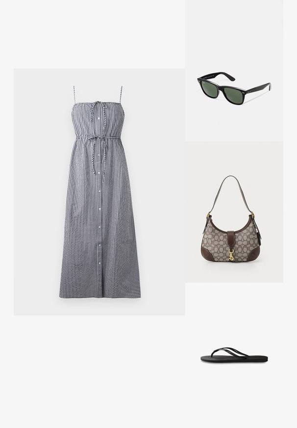 Sort-hvid rutet maxi kjole med justerbare spaghetti stropper, knaplukning foran og detaljer med indsnøring i taljen.; Sorte flip-flop med en tekstureret gummisål, to slanke stropper og et subtilt, præget logodetalje på stroppen.; Sorte plastiksolkaber med grønne linser, firkantede stel, sølvaccent på brynene og teksturerede templede arme. Angivet mærke på den indre arm.; COACH HAMPTONS HOBO BAG IN SIGNATURE JACQUARD - Håndtasker - oak maple