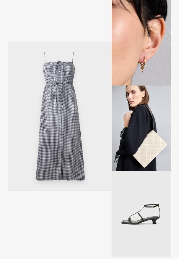 Fekete-fehér kockás maxi ruha állítható pántokkal, gombos elülső résszel és megkötött derékrésszel.; Fekete bőr szandál, négyzet alakú orral, vékony pántokkal, állítható bokapánttal és alacsony sarokkal. A pánton egy kis arany dísz található.; Beige mintázatú válltáska, amelynek merev formája van, és barna textúrált pántja. Egy modellen viselve, szürke háttér előtt.; Arany hoop fülbevaló organikus, folyékony formával, texturált díszítésekkel és sima felülettel, átdöfött fülön viselve.