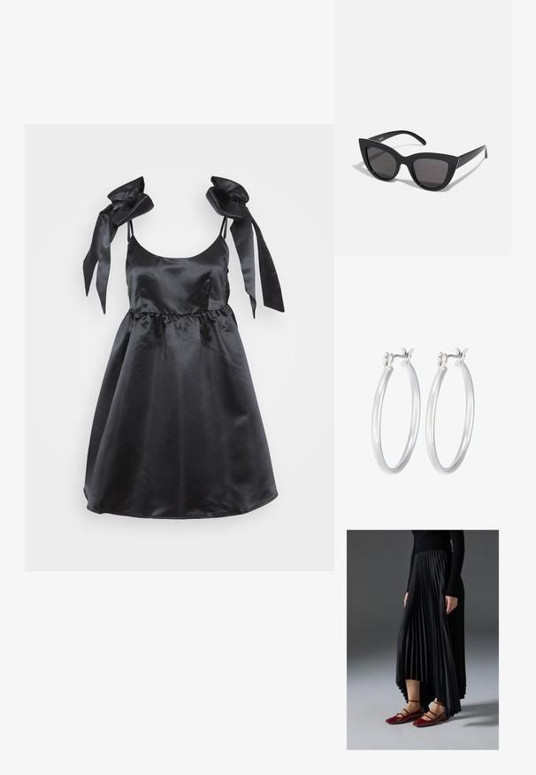 Čierne saténové šaty s priliehavým korzetom a rozšírenou sukňou. Majú široké viazané ramienka a zberaný pás pre väčší detail. Hladká textúra po celom obvode.; Čierna plisovaná sukňa s vysokým a nízkym lemom, skombinovaná s lesklými červenými balerínami s dizajnom remienkov. Tkanina má hladkú textúru.; Čierne slnečné okuliare v štýle mačacích očí s matným povrchom, so šedými tónovanými sklami, ostrými hranami a elegantnými bokovými ramenami. Názov značky je viditeľný na vnútornom ramene.; Strieborné kruhové náušnice s hladkým, lesklým povrchom. Kolový tvar a bezpečné klikanie na uzatváranie. Ľahký dizajn vhodný na každodenné nosenie.