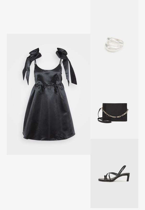 Juodas satino suknelė su prigludusia liemene ir platėjančia sijona. Funkcijos plačios raišteliai ir susiraukšlėta juosmeniu, kad būtų pridėta detalių. Lygus tekstūros visur.; Juodi šlepetės su kvadratiniu pirštu ir žemu bloku kulnu. Yra keli ploni dirželiai ir reguliuojamas kulkšnies diržas. Pagaminti iš lygios odos.; Juodas odinis per petį nešiojamas krepšys turi lygų paviršių, stačiakampio formą ir metalinę grandinėlę priekyje. Pridedama reguliuojama dirželis.; Sidabrinis dvigubas žiedas su lygiu, poliruotu paviršiumi. Pasižymi sklandžiu, kreiptu dizainu su persipinančiomis dalimis, suteikiančiomis modernų išvaizdą.