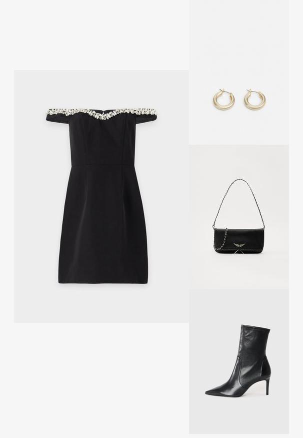 ML Monique Lhuillier BLAIRE SHORT DRESS - Iltapuku - black; Mustat nilkkurit, jotka on valmistettu sileästä nahasta. Kenkien kärki on terävä, varsi on tiukka ja korko on hoikka ja korkea. Minimalistinen muotoilu ilman näkyvää metalliosaa.; Musta nahkalaukku, jossa on hopeaketjuolkaimet, koristelu siipiyksityiskohdilla ja valkoisella ommellulla sauman alareunassa.; Lauren Ralph Lauren BASIC SMALL HOOP - Korvakorut - gold-coloured