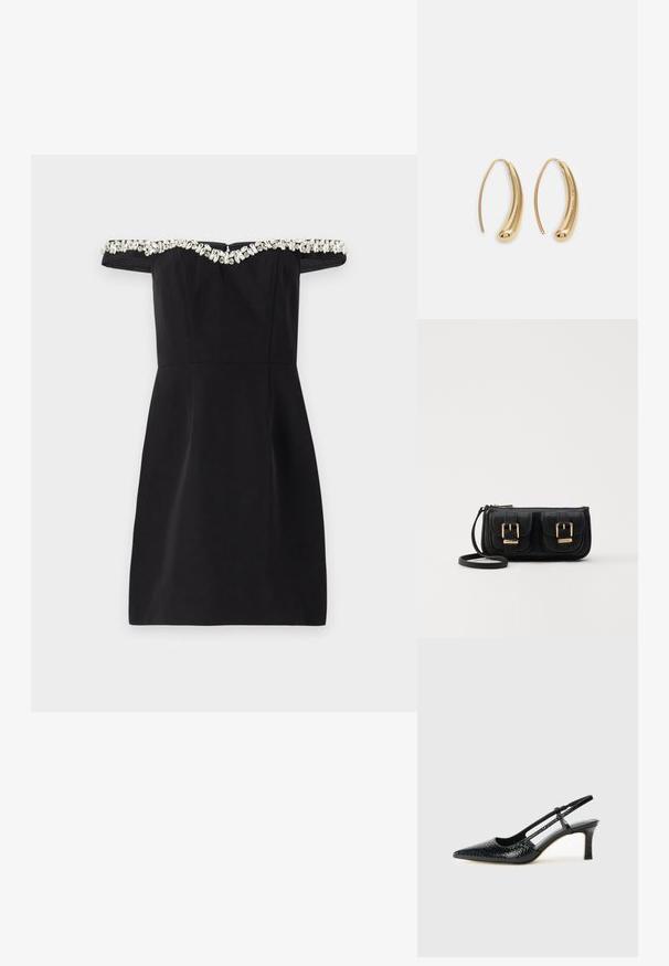 ML Monique Lhuillier BLAIRE SHORT DRESS - Pidulikud riided - black; Mustmust paelad, millel on terav varvas, tekstuuriga maduprindiga, reguleeritav rihm ja lühike tekstuuriga plokknina.; Must küllastamata nahast õlakott, millel on kaks esist nähtavat taskut, kuldsed pandlad, tõmblukuga sulgemine ja peen rihm. Tekstuuriga pind ja kompaktne ristkülikukujuline kuju.; Kuldtoonilised metallist rõngas kõrvarõngad, millel on kõver ja piklik kuju. Omavad siledat, läikivat pinda ja ümarat tipptugevdust, mis lisab detaili.