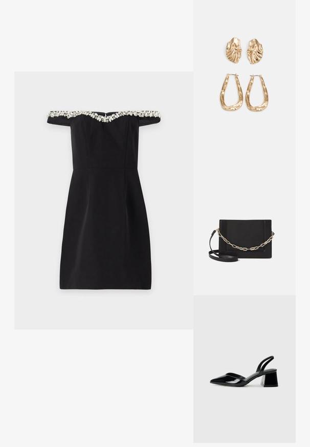 ML Monique Lhuillier BLAIRE SHORT DRESS - Occasion wear - black; Black patent leather slingback heels with a pointed toe and a geometric block heel. Features a sleek, minimal design and smooth texture.; Black leather crossbody bag featuring a smooth texture, rectangular shape, and a metallic chain detail on the front. Adjustable strap included.; Gold-tone earrings featuring textured, wavy shapes. Includes sculptural clip-on studs and open hoop design with a hammered finish.