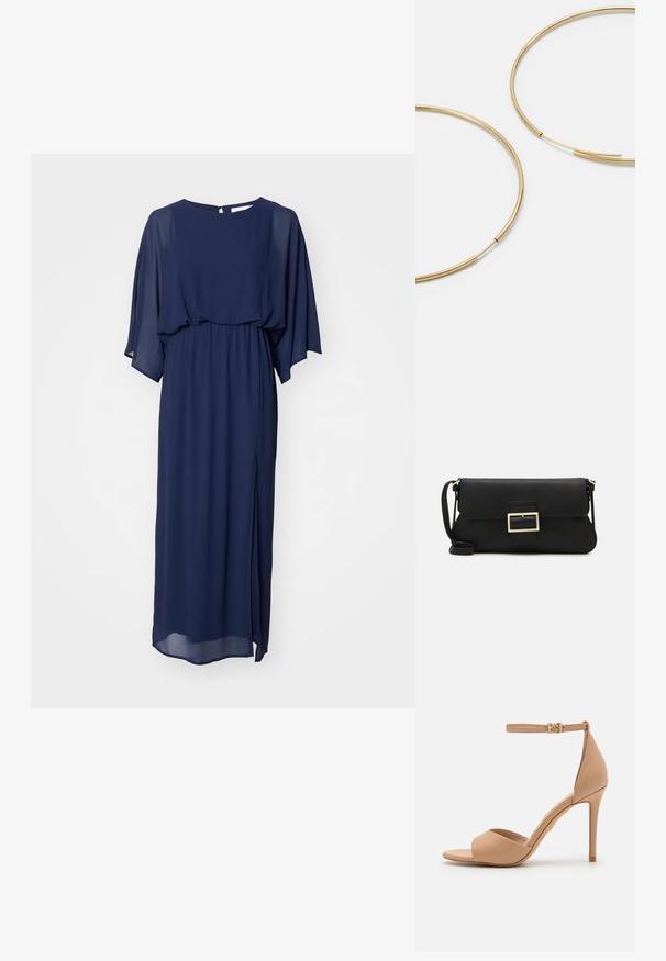 Tumši zila, plūstoša maxi kleita, izgatavota no viegla auduma. Tam ir lāsta piedurknes, apaļa izgriezuma kakls un sānu šķēlums, kas nodrošina ērtu kustību.; ALDO CRERIDE PILLOW WALK - Sandales - beige; Melnas ādas saķeres soma ar atloku un zelta metāla sprādzi. Ietver melnu siksnu un elegantu, minimālistisku dizainu.; Zelta krāsas auskari gredzena formā, plāni un apaļi, ar gludu metāla apdari un bez rotājumiem vai zīmējumiem.