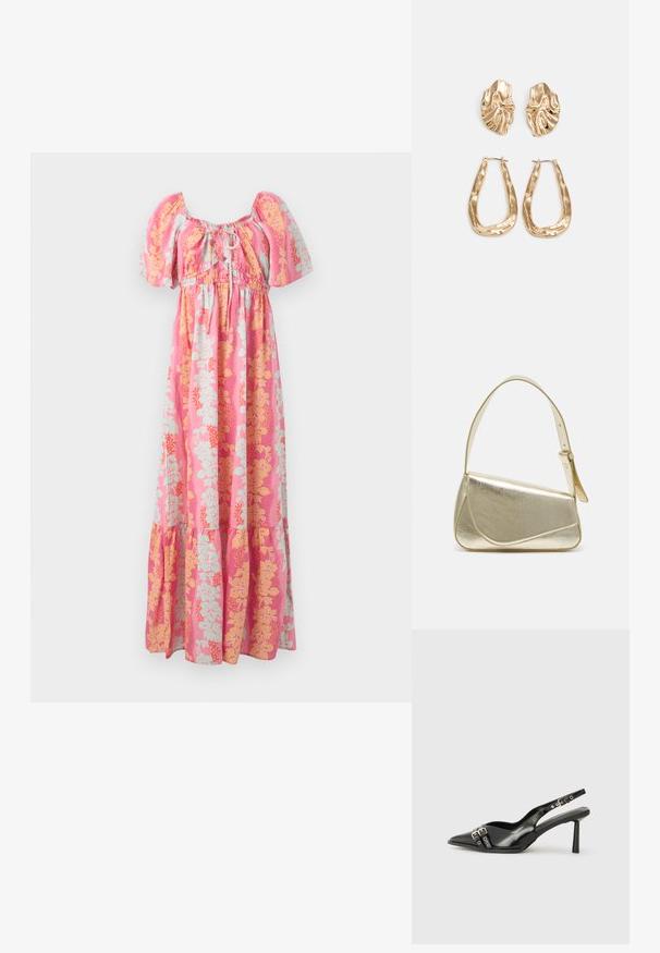 Pink maxi kjole med puffærmer, frontbinding og et gult og lyseblåt blomstermønster.; Sorte patenterede læderslagback sko med spids tå, ankleremme med sølvspænder og hardware samt en slank hæl.; Guldmetallisk håndtaske med et struktureret design, glat tekstur og justerbar rem. Har en unik trekantet form og minimalistisk syning.; Guldtonede øreringe med teksturerede, bølgede former. Inkluderer skulpturelle clips og en åben ringdesign med en hamret finish.