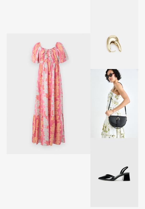 Robe maxi rose avec des manches bouffantes, un décolleté avec lien à l'avant, et un motif floral jaune et bleu clair.; Escarpins en cuir verni noir avec bout pointu et talon bloc géométrique. Présente un design élégant et minimaliste ainsi qu'une texture lisse.; Sac à main en cuir noir avec une forme courbée, bandoulière amovible et des accessoires en or. Le sac est doté d'un rabat avec un détail de boucle.; Boucle d'oreille en métal doré avec un design élégant et courbé. Présente une forme conique distinctive, une surface polie et une fermeture à charnière.