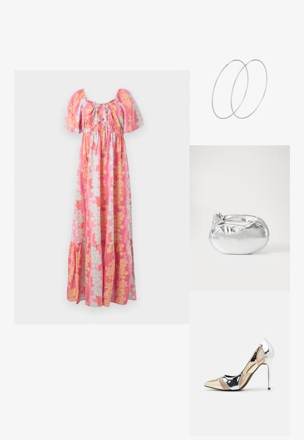 Robe maxi rose avec des manches bouffantes, un décolleté avec lien à l'avant, et un motif floral jaune et bleu clair.; Chaussure à talon aiguille à bout pointu avec un schema de couleurs argent, or et nude. Fini brillant avec un design découpé, dotée d'un talon stiletto.; Pochette en métal argenté avec une forme douce et arrondie et un fermoir en haut noué. Fabriquée en simili cuir lisse.; Boucles d'oreilles en argent au design minimaliste. Forme circulaire, texture lisse et profil fin. Légères avec une finition polie.