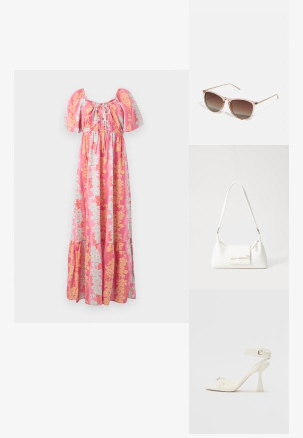 Robe maxi rose avec des manches bouffantes, un décolleté avec lien à l'avant, et un motif floral jaune et bleu clair.; Sandale à talons hauts à brides en cuir blanc avec un design épuré, un talon bloc transparent et un élément décoratif au niveau des orteils.; Lunettes de soleil dégradées marron avec une monture translucide rose, de forme carrée et des branches en métal fines. Présente des bords arrondis et un design minimaliste.; Sac à main synthétique blanc en forme triangulaire, avec un rabat avant plat et un détail en nœud, une bandoulière ajustable, une texture lisse et un design minimaliste.