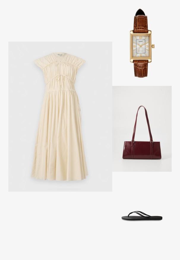 Rochie din bumbac ecru cu un corset ajustat, detalii pliate și fustă fluidă. Prezintă mâneci scurte, structurate și talie cu șnur reglabil.; Încălțăminte tip flip-flop neagră cu o talpă din cauciuc texturat, două bretele subțiri și un detaliu discret, embosat cu logo pe bretea.; Geantă burgundy din material lucios, de formă rectangulară, cu două mânere pentru umăr și accente curbate subtile pe față.; Ceas quartz Casio cu carcasă rectangulară de culoare aurie, față albă, marcaje aurii pentru ore și curea din piele maro cu model de crocodil. Rezistent la apă.