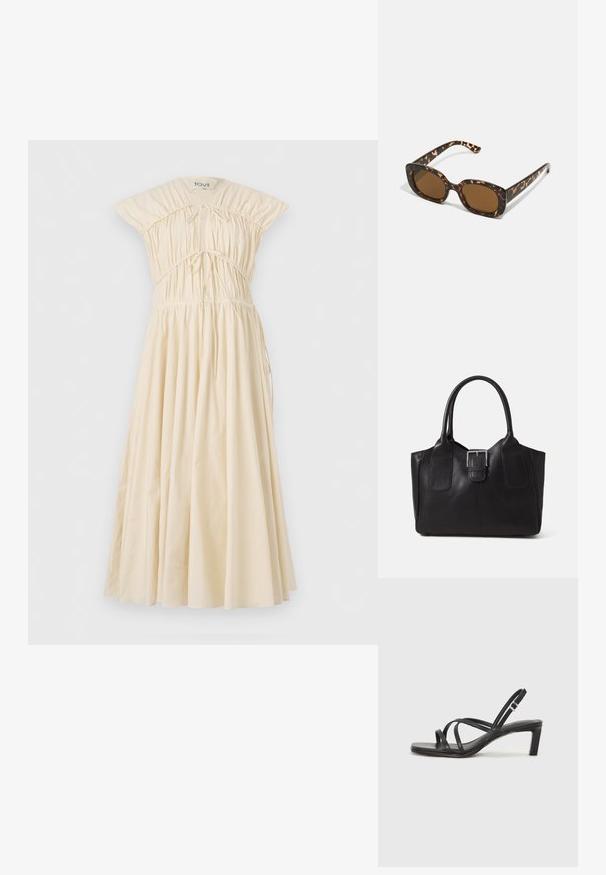 Ecrufarbenes Baumwollkleid mit tailliertem Oberteil, gerafften Details und fließendem Rock. Verfügt über kurze, strukturierte Ärmel und eine verstellbare Kordelzugtaille.; Schwarze Sandale mit Riemchen, quadratischer Zehenform und niedrigem Blockabsatz. Verfügt über mehrere dünne Riemen und einen verstellbaren Knöchelriemen. Hergestellt aus glattem Leder.; Schildpatt-Sonnenbrille mit einem runden, klobigen Rahmen und braunen Gläsern. Verfügt über dezente Muster und gerade, zulaufende Bügel.; Schwarze Leder-Tote mit glatter Textur, strukturiertem Design, zwei Griffen und einem auffälligen silbernen Schnallen-Detail auf der Vorderseite.