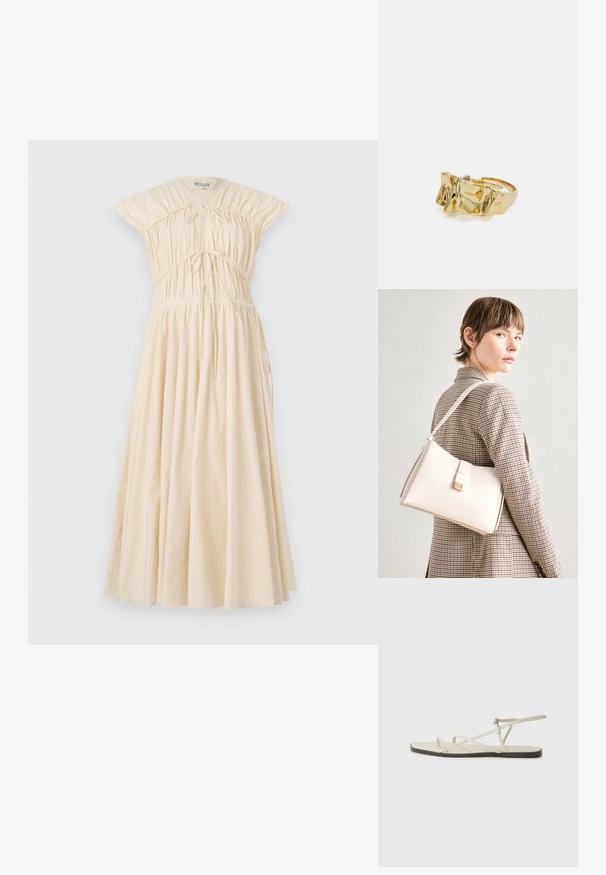 Ecru spalvos medvilnės suknelė su prigludusia kūno dalimi, subrastų detalėmis ir laisvai krentančia sijonu. Yra trumpi, struktūrizuoti rankovės ir reguliuojamas raištelis liemeniui.; Bežiniai plokšti sandalai su keliais lieknais dirželiais ir reguliuojamu užsegimu. Padas plokščias, su lengvu tamsiu kontrastu krašte.; Balto odos rankinė su struktūrizuotu dizainu, turinti magnetinį užsegimą ir petnešą, demonstruojama prieš neutralią foną.; Aukso žiedas su tekstūruotu, banguotu dizainu, turintis tris iškilias viršūnes. Lygus, blizgus paviršius su atviromis juostelėmis, leidžiančiomis reguliuoti dydį.; Aukso žiedas su tekstūruotu, banguotu dizainu, turintis tris iškilias viršūnes. Lygus, blizgus paviršius su atviromis juostelėmis, leidžiančiomis reguliuoti dydį.
