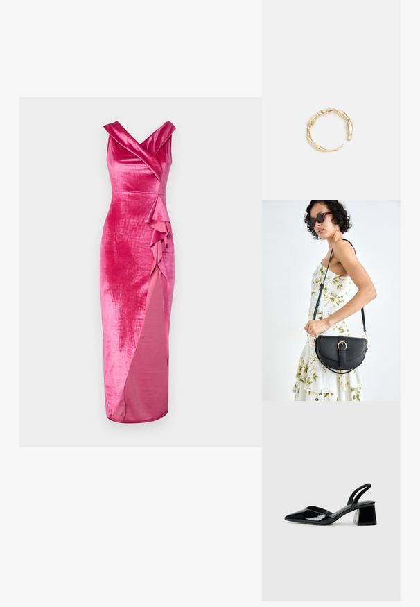 WAL G. HAILY RUFFLE MAXI - Svečana odjeća - rose pink; Crne lakirane kožne sandale s otvorenom petom i špicastim vrhom, s geometrijskom blok petom. Imaju elegantan, minimalistički dizajn i glatku teksturu.; Crna kožna torba s lukovitim oblikom, odvojivim remenom i zlatnim detaljima. Torba ima preklop s kopčom.; Prsten u zlatnoj nijansi s organskim, uvijenim dizajnom, glatkom teksturom i suženim krajevima, koji stvara moderan, skulpturalni izgled.