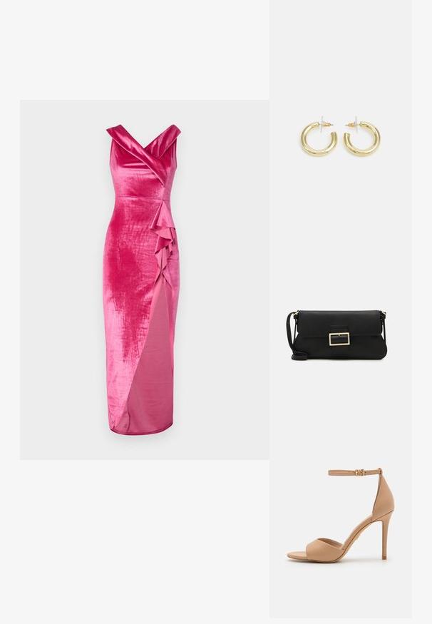 WAL G. HAILY RUFFLE MAXI - Alkalmi viselet - rose pink; ALDO CRERIDE PILLOW WALK - Szandálok - beige; Fekete bőr kézitáska hajtóka részlettel és aranyszínű fém csattal. Tartalmaz egy fekete pántot és egy letisztult, minimális dizájnt.; Arany fülbevalók sima, fényes felülettel. Kör alakú dizájn, amely kis kapoccsal és átlátszó tartozékkal rendelkezik a biztonságos viselés érdekében.