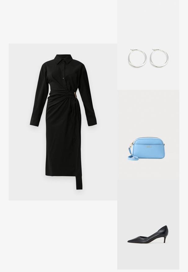 Čierna midi košeľová šaty s dlhým rukávom, s golierom, predným zapínaním na gombíky a asymetrickým viazaním v páse zabezpečeným zlatou sponou na pravej strane.; Čierny kožený lodička s špičatou špičkou a nízkym opätkom. Má hladkú textúru a jemný lesk. Vpredu je otvorený výrez pre zvýraznenie detailu.; Svetlomodrá kožená crossbody taška so zlatými detailmi, zipsom a prednou vreckom. Obsahuje nastaviteľný popruh pre pohodlné nosenie.; Strieborné kruhové náušnice majú hladký, zaoblený dizajn s tenkým profilom a bezpečným zapínaním. Minimalistický štýl s lešteným povrchom.