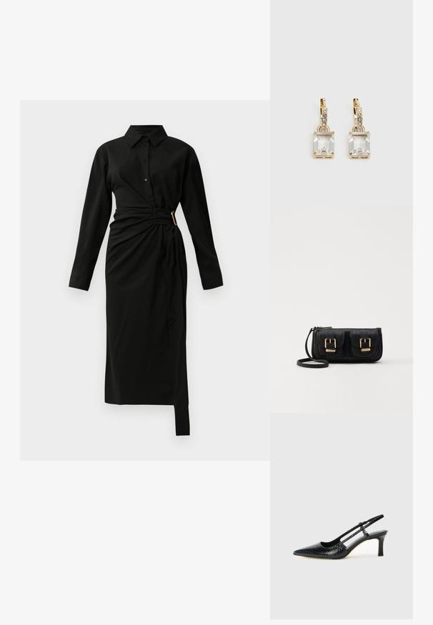 Crna midi košulja haljina dugih rukava s ovratnikom, prednjim dugmadi i asimetričnim omotom u struku učvršćenim zlatnom kopčom s desne strane.; Crne lakirane slingback pete s oštrim vrhom, s teksturiranim uzorkom zmijske kože, podesivom remenom i kratkom, teksturiranom blok-petom.; Crna kožna torba preko ramena s dva prednja džepa, zlatnim kopčama, zatvaranjem na zip i uskim remenom. Teksturirana površina i kompaktan pravokutan oblik.; Zlatne naušnice s pravokutnim, prozirnim kristalom koji visi ispod niza malih, okruglih prozirnih akcenata. Elegantni, moderni dizajn.