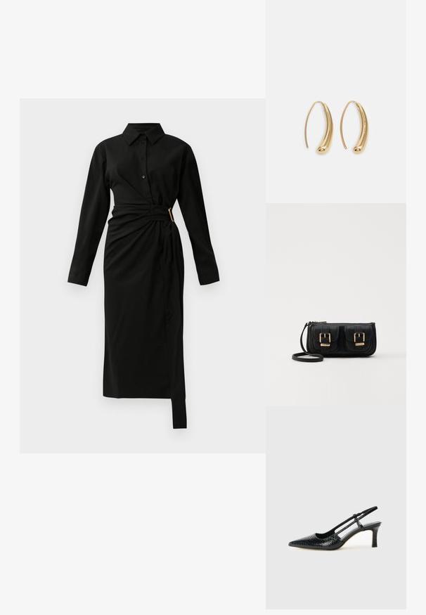 Vestido de camisa midi negro de manga larga con cuello, botones en el frente y un envoltorio asimétrico en la cintura asegurado con una hebilla dorada en el lado derecho.; Tacón slingback negro de charol con punta afilada, que presenta un estampado de serpiente texturizado, correa ajustable y un tacón bloque corto y texturizado.; Bolso cruzado de cuero negro con dos bolsillos frontales, hebillas doradas, cierre de cremallera y una correa delgada. Superficie texturizada y forma rectangular compacta.; Pendientes de aro de metal en tono dorado con una forma curva y alargada. Presentan una superficie lisa y brillante y una punta redondeada para mayor detalle.