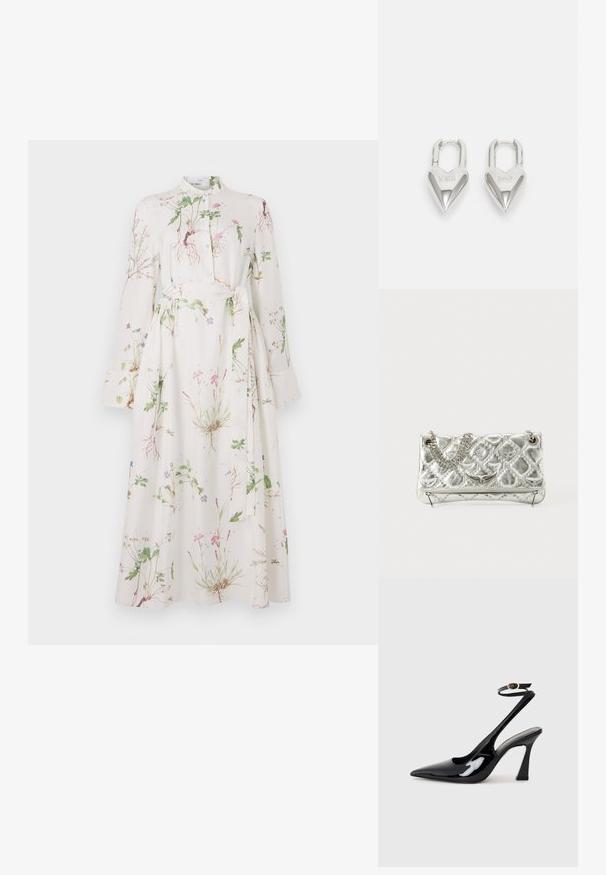 Kevätkukkakuvioinen, pitkähihainen mekko kevyestä kankaasta, jossa on korkea kaulus, vyötärövyö ja pehmeissä pastelliväreissä.; Musta patenttinen nahka slingback-korkokengät, joissa on teräväkärkinen muoto, säädettävä nilkkastrappi ja kohtuullinen lohkokorko. Sujuva pinta kiiltävällä viimeistelyllä.; Hope penkki, jossa on metallinhohtoinen pinta, ketjuhandle, tikattu tekstuuri, koristeelliset ompeleet ja vetoketjukiinnitys. Edessä on kohokuvioituja koristeita.; Hopeakuvioiset sydämen muotoiset rakkaussulkeet, joissa on kaiverrettu "KYLLÄ" ja "EI" -tekstit, kiiltävä pinta, symmetrinen muotoilu ja kestävä metalliovi.