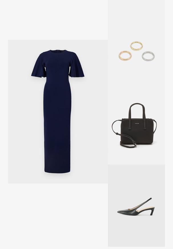 Námořnická modrá dlouhá šaty vyrobená z texturované tkaniny. Má plisované krátké rukávy a zaoblený výstřih se skrytým zipem na zadní straně.; Černý špičatý slingback s nízkým podpatkem, vyrobený z hladké kůže, s výřezem na boku pro lepší prodyšnost.; Černá kabelka s dvojitými krátkými uchy a odnímatelným ramenním popruhem. Hladký koženkový materiál s uzávěrem na zip a detailem loga.; Tři kovové prsteny: jeden růžově zlatý, jeden zlatý s texturovanými detaily a jeden stříbrný, všechny s vyrytým brandingem na vnitřním boku.