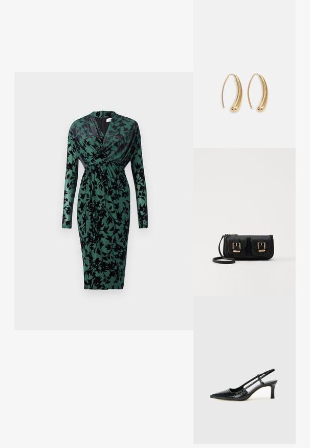 Vestido de manga longa feito de tecido suave, com uma base verde escura e padrões florais pretos, cintura ajustada e decote em V.; Salto slingback em patente preta com bico apontado, apresentando um padrão de pele de cobra texturizado, tira ajustável e um salto bloco curto e texturizado.; Bolsa de ombro em couro preto com dois bolsos frontais, fivelas douradas, fecho de zíper e uma alça fina. Superfície texturizada e forma retangular compacta.; Brincos em metal dourado com forma de arco alongado e curvado. Apresentam uma superfície lisa e brilhante, com uma ponta arredondada para um detalhe adicional.