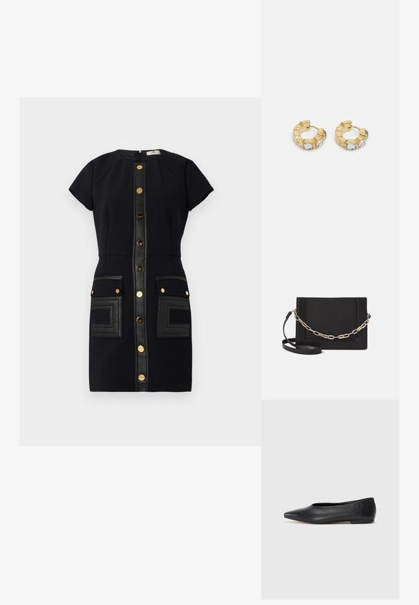 Zwarte jurk met korte mouwen, gouden knopen en leren accenten. Heeft twee opgestikte zakken met textuurdetails.; Zwarte leren balletflat, puntige neus, minimalistisch design, gladde textuur, lage hak, geen zichtbaar beslag of versieringen.; Zwarte leren schoudertas met een gladde textuur, rechthoekige vorm en een metallic kettingdetail aan de voorkant. Verstelbare schouderband inbegrepen.; Gouden creolen met een getextureerd ontwerp en drie heldere kristalaccenten aan één zijde, wat een moderne geometrische esthetiek biedt.