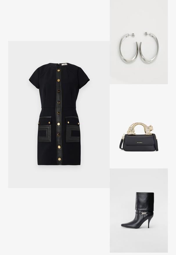 Čierne šaty s krátkymi rukávmi, zlatými gombíkmi a koženými doplnkami. Obsahujú dve náprsné vrecká s textúrovanými detailmi.; Čierna kožená členková topánka s špicatou špičkou, vysokým ihlovým podpätkom, prehnutým manžetom a zlatým dekoratívnym sponou na členku.; Čierna kožená kabelka so zlatým úchytom v tvare mačky, so predným klopovým uzáverom, nastaviteľným popruhom a detailom loga na dolnej prednej časti.; Strieborné kruhové náušnice s hladkým, zakriveným dizajnom. Majú lesklý kovový povrch a zapínanie na kolík. Žiadne viditeľné vzory ani akcenty.