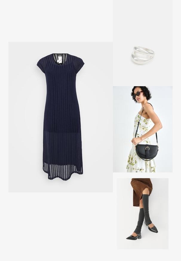 Námornícky pletené šaty s krátkymi rukávmi, výstrihom do V a textúrovaným vzorom. Majú dlhší zadný lem s vlnitým okrajom.; Čierne lakované kožené topánky s špicatou špičkou, blokovým podpätkom a členkovým remienkom, ktoré sú kombinované so šedými rebrovanými legínami a hnedou zamšovou sukňou.; Čierna kožená kabelka s zaobleným tvarom, odnímateľným popruhom a zlatými doplnkami. Kabelka má klopu s detailom s prackou.; Strieborný prsteň s dvojitým pásikom s hladkým, lesklým povrchom. Má plynulý, zakrivený dizajn s prekryvajúcimi sa časťami pre moderný vzhľad.
