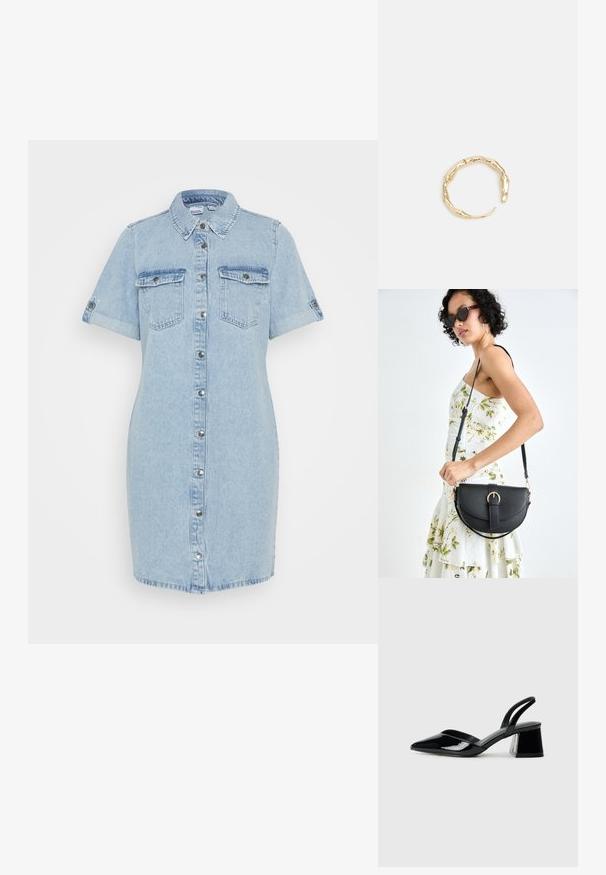 Svetlo modra denim obleka s kratkimi rokavi, gumbnim zapiranjem, dvema žepoma na prsih in zvitimi manšetami. Gladka tekstura, zasnova do kolen.; Črne lakirane slingback pete s koničastim nosom in geometrijsko blokasto peto. Imajo eleganten, minimalističen dizajn in gladko teksturo.; Črna usnjena torbica s ukrivljeno obliko, z odstranljivo naramnico in zlatimi dodatki. Torbica ima pokrov s podrobnostmi v obliki zaponke.; Zlati prstan s organskim, zvitim dizajnom, gladko površino in taperiranimi konci, ki ustvarja modernega, skulpturalnega videza.