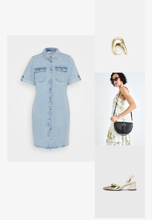 Šviesiai mėlynas džinsinis suknelės marškiniai su trumpomis rankovėmis, mygtukų uždarymu, dviem krūtinės kišenėmis ir suveržtomis rankovių kraštinėmis. Lygus paviršius, klostuota iki kelių.; Auksiniai, metaliniai slingback aukštakulniai bateliai su smailiu pirštu ir masyviu kulnu. Lygus paviršius, minimalizmo dizainas ir siaura juostelė.; Juodas odinis krepšys su išlenkta forma, nuimamu dirželiu ir auksiniais detalėmis. Krepšys turi kilpą su sagtimi.; Aukso tono metalinės auskarai su stilingu, kreiviu dizainu. Išsiskiria ryškiu smailiu pavidalu, poliruota paviršiumi ir užsegimu su vyriu.