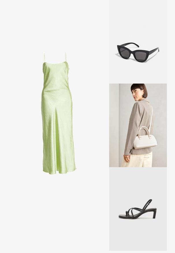 Satijnen limoengroene maxi-jurk met dunne spaghetti-bandjes, een rechte halslijn en een zachte textuur die elegant naar de vloer valt.; Zwarte sandaal met bandjes, vierkante teen en een lage blokhak. Voorzien van meerdere dunne bandjes en een verstelbare enkelband. Gemaakt van zacht leer.; Zwarte cat-eye zonnebril met een matte afwerking, voorzien van grijs getinte glazen, scherpe hoeken en slanke zijarmen. Merkennaam zichtbaar op de binnenarm.; Witte gestructureerde handtas met korte handvatten en een schouderband, voorzien van gouden hardwareaccenten en een textuurmateriaal, tentoongesteld tegen een grijze achtergrond.