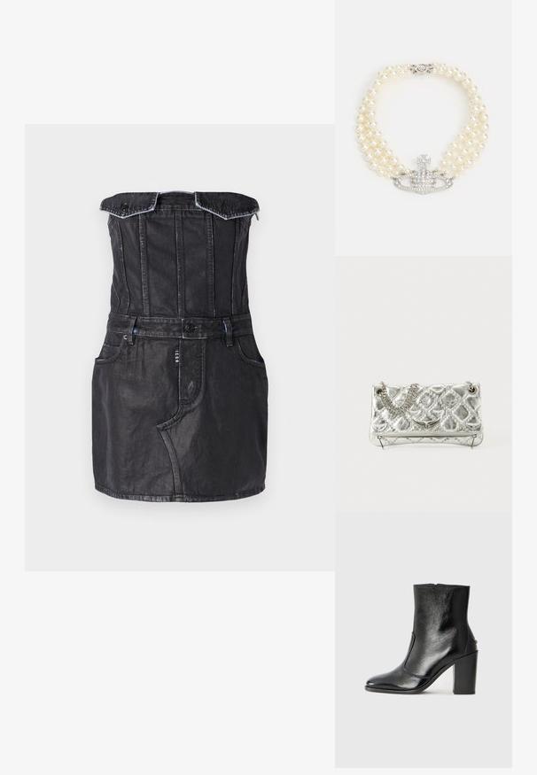 Černé denimové šaty s vypasovaným živůtkem, designem bez ramínek, předními kapsami a kontrastním prošíváním. Hladká textura s mírným leskem.; Černé kožené kotníkové boty s hladkou texturou, špičatou špičkou a robustním vysokým podpatkem. Mají boční otvor a minimalistický design.; Stříbrná metalická kabelka s řetízkem, prošívanou texturou, dekorativním stehem a zipovým uzávěrem. Obsahuje embosované detaily na přední straně.; Vivienne Westwood THREE ROW RELIEF CHOKER - Náhrdelník - silver-coloured/white