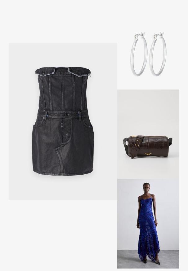 Mustast denimist kleit, millel on kehasse sobiv ülaosa, õlgadelt avatud disain, ees taskud ja kontrastne õmblemine. Sile tekstuur kerge läikega.; Sinine ja lilla loomade mustriga maksikleit õhukeste rihmadega, keha lähedane pealisosa, laienev allosa ja poolläbipaistev overlays detail.; Pruunist krokodillimustrist nahast kott, millel on silindri kuju, kuldse tooni metalldetailid ja eemaldatav rihm, kus on nupud.; Hõbedased rõngaskõrvarõngad, millel on sile, läikiv viimistlus. Ümmargune kuju ja turvaline klõpsulatus. Kerge disain, sobib igapäevaseks kandmiseks.