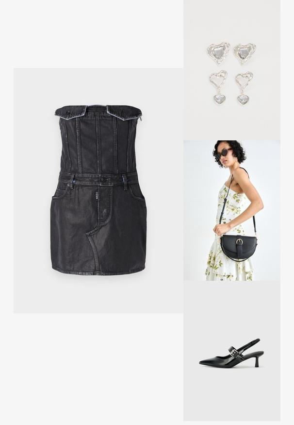 Čierne denimové šaty s priliehavým telom, dizajnom bez ramienok, prednými vreckami a kontrastným prešívaním. Hladká textúra so slabým leskom.; Čierne patentové kožené sandále na podpätku so špicatou špičkou a malým blokovým podpätkom, s dekoratívnou striebornou sponou na remienku.; Čierna kožená kabelka s zaobleným tvarom, odnímateľným popruhom a zlatými doplnkami. Kabelka má klopu s detailom s prackou.; Strieborné náušnice v tvare srdca sú zdobené facetovanými čírymi kameňmi s textúrovaným rámom. Sada obsahuje štýly so zapichovaním a visiacich náušníc.