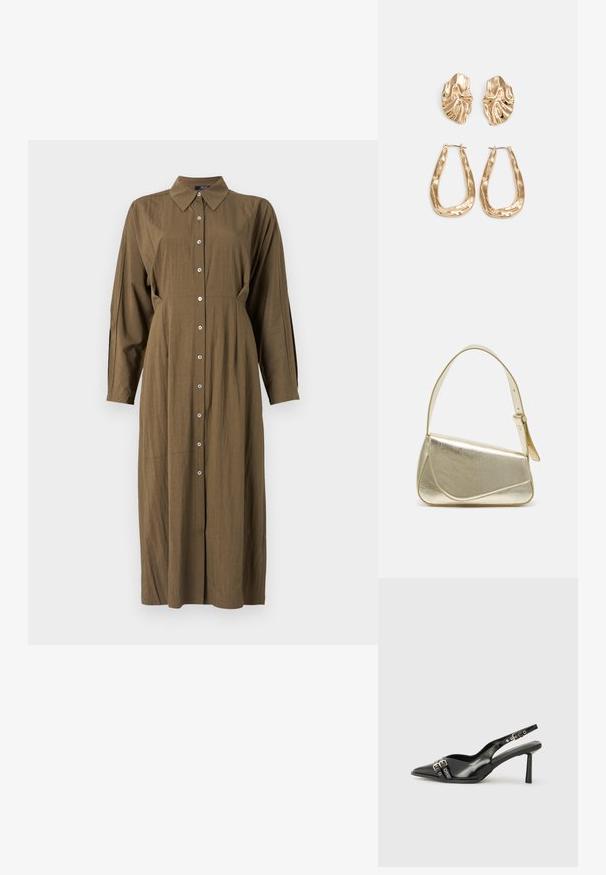 Rochie lungă de culoare verde măslin, cu mâneci lungi, guler ascuțit, închidere frontală cu nasturi și croi lejer. Tesătură netedă cu o textură subtilă și cusături laterale.; Pantofii slingback din piele lăcuită neagră, cu vârf ascuțit, bretele pentru gleznă cu catarame și accesorii din argint, și un toc subțire.; Geantă de umăr metalică aurie cu un design structurat, textură netedă și curea reglabilă. Prezintă o formă triangulară unică și cusături minimaliste.; Cercei aurii cu forme texturate și ondulate. Include studs sculpturale cu clip și un design de cerc deschis cu un finisaj cioplit.