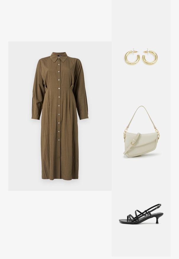 Oliivivihreä pitkähihaine mekko, jossa on terävä kaulus, etupainike sulkeminen ja rento istuvuus. Mahdollisimman sileä kangas on hienovaraisella tekstuurilla ja sivusaumalla.; Musta korkeakorkoiset sandaalit, joissa on useita ristikko-nauhoja. Sileä materiaali, teräväkärkinen malli ja kapea korko. Säädettävä nilkkahihna soljella.; Pieni kerma beige käsilaukku, jossa on teksturoitu pinta, pitkä säädettävä olkahihna, ketjua korostava yksityiskohta ja läppälukko. Kultaista metalliosaa.; Kultaketjut kullasta, joissa on sileä, kiiltävä pinta. Pyöreä muotoilu, jossa on pieni tappi ja kirkas taustalevy turvalliseen käyttöön.