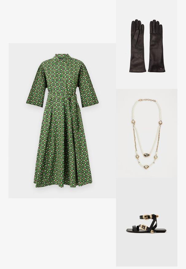 Vihreä kuvioitu mekko, jossa on kauluspaneeli, kolmannen osan hihat ja sidottava vyö. Mekossa on geometrinen printti mustana, valkoisena ja vaaleanpunaisena.; Mustat nahkakengät kultaisilla solkiyksityiskohdilla, joissa on useita hihnoja ja litteä pohjarakenteinen muotoilu avonaisille varpaille.; Weekend Max Mara SENAPE - Sormikkaat - nero; Helminauha, jossa on kultakorostuksia, kolme jalokiviä sisältävää asetelmaa ja letitetty ketjukohta. Väripaletti sisältää valkoista ja kultaa.