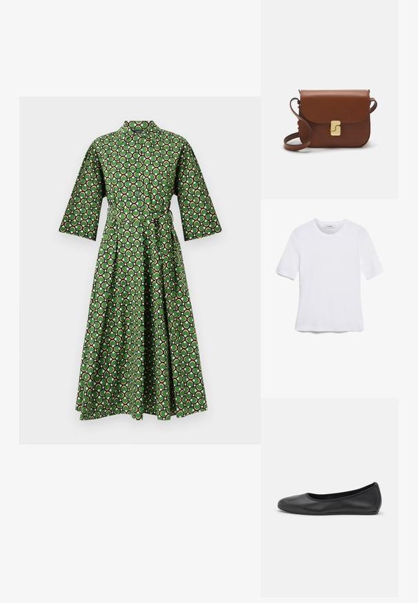 Zelena haljina s uzorkom, kragnom, rukavima do tri četvrtine i remenom. Ima geometrijski print u crnoj, bijeloj i ružičastoj boji.; Bijela majica s kratkim rukavima izrađena od rebraste tkanine. Okrugli izrez, klasičan kroj i suptilni detalji šivanja. Bez uzoraka ili grafika.; Crne kožne baletanke s zaobljenim vrhom, glatke teksture, minimalnim detaljima šavova i fleksibilnim dizajnom potplata.; Smeđa kožna torba s preklopom, zlatnim detaljima, remenom za nošenje preko ramena i glatkom teksturom. Kompaktni pravokutni oblik.