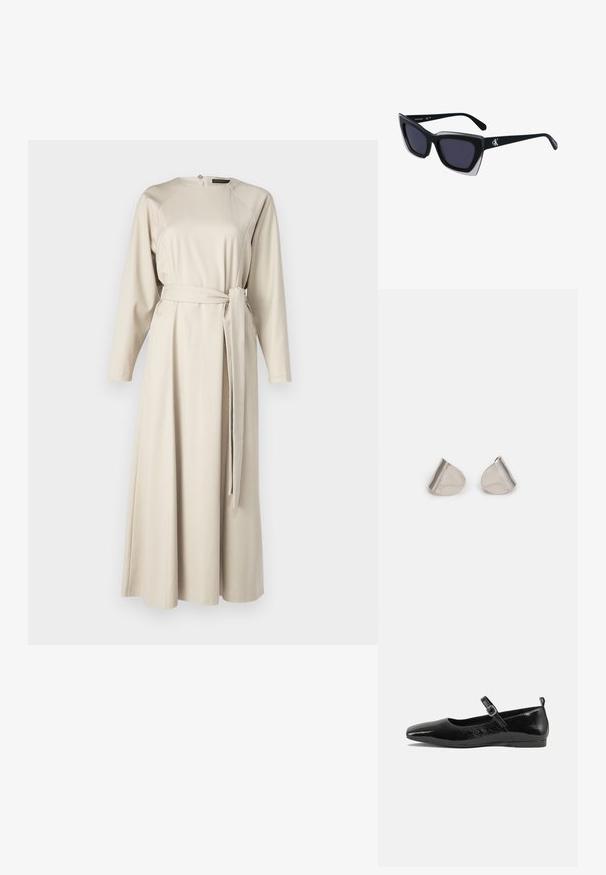 Rochie lungă bej, confecționată dintr-un material fin, cu mâneci lungi, decolteu rotund și o curea legată în talie. Dispune de un fermoar ascuns la spate.; Pantofii plata din piele patentată neagră, cu vârf ascuțit, curea la gleznă cu cataramă și o textură netedă, strălucitoare. Toc jos pentru confort.; Ochelari de soare supradimensionați, negri, cu o formă geometrică, având lentile întunecate și un detaliu gri contrastant pe ramă. Logo pe braț.; Cercei din metal argintiu cu o formă netedă, în formă de lacrimă și un finisaj lucios. Gravuri subtile adaugă detalii. Design minimalist.