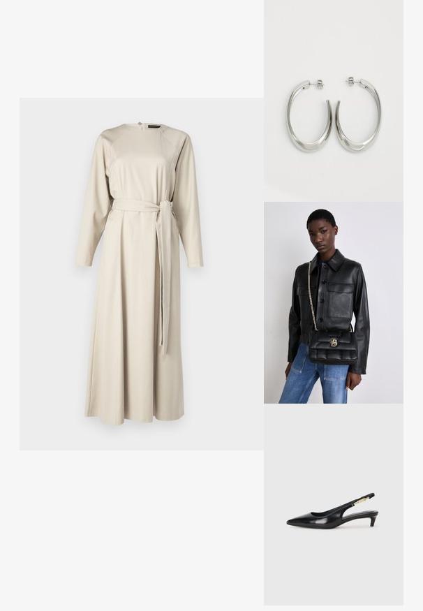 Lång beige klänning gjord av slät tyg med långa ärmar, rund halsringning och en knuten midjebälte. Har en dold dragkedja bak.; Svart läder slingback-hälar med spetsig tå, med en smal klack och en guldtonad detalj på den justerbara remmen. Slät textur.; Svart läderjacka med knappstängning och två framfickor, i kombination med en svart vadderad handväska med ett guldspänne och kedjerem.; Silverfärgade hoopsörhängen med en slät, böjd design. Har en glänsande metallisk yta och ett stiftlås. Inga synliga mönster eller detaljer.