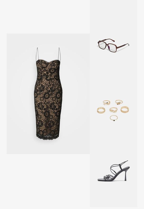 Μαύρο φόρεμα από δαντέλα με εφαρμοστό σιλούετ, λεπτές τιράντες, floral σχέδια και φράντζες στο τελείωμα. Η επένδυση έχει γυμνό χρώμα κάτω από τη δαντέλα.; Μαύρες ψηλοτάκουνες σανδάλες με λεπτές λωρίδες και σχέδιο με κόμπους, λείο τετράγωνο μπροστινό μέρος και κομψό τακούνι στιλέτο.; Καφέ, ορθογώνια γυαλιά με διαφανείς φακούς και μωβ ανταύγειες. Λείος πλαστικός σκελετός με ίσιους βραχίονες και διακριτές λεπτομέρειες.; Σετ από έξι χρυσούς δακτυλίους με διάφορα σχέδια: πλέξης, φυλλώματα και συμπαγείς μπάντες; κάποιοι με πράσινους πολύτιμους λίθους ως διακοσμητικά στοιχεία.